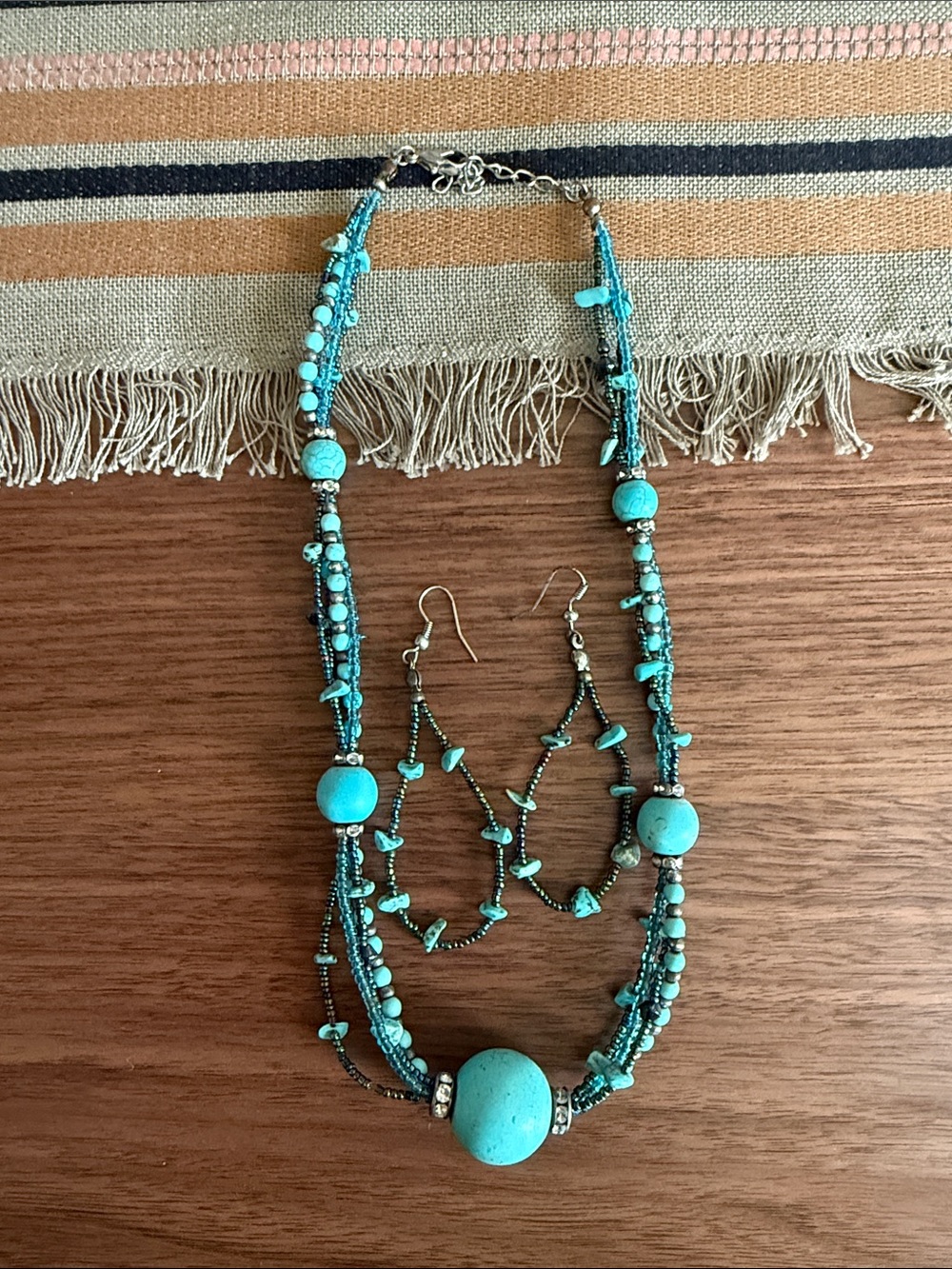 Turquoise Bead Multi-Strand Necklace & Earrings Set